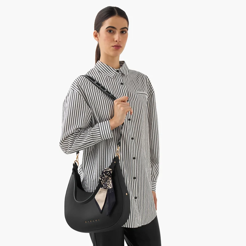 Sisley Sisley-Baguette bag W/Textured PU & Scarf charm-Black-Q2-AW25